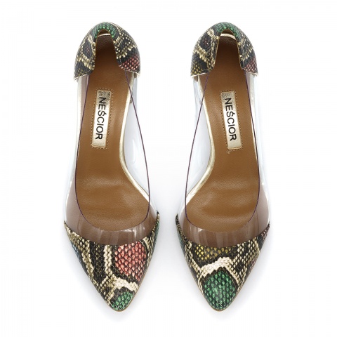 Złote skórzane czółenka z miękkim silikonem na słupku 42T