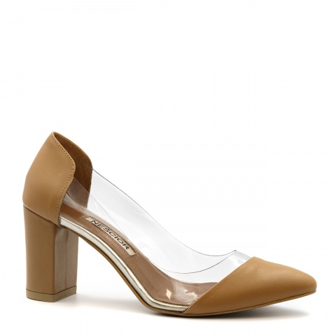 Złote skórzane czółenka z miękkim silikonem na słupku 42T