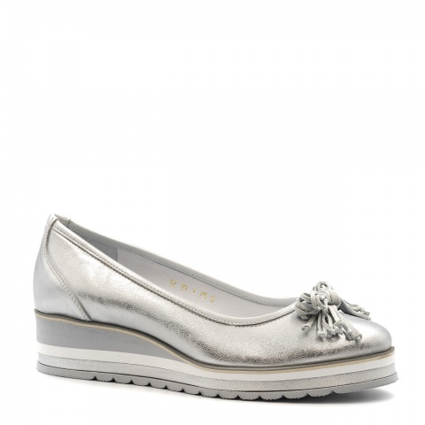 Perłowo różowe skórzane baleriny na ozdobnym koturnie 75G