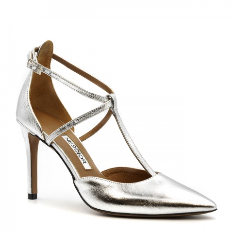 Złote skórzane szpilki ze skrzyżowanymi paseczkami 107W