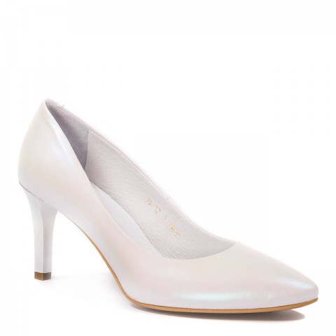 Perłowo-białe skórzane szpilki na niskim obcasie 78H1